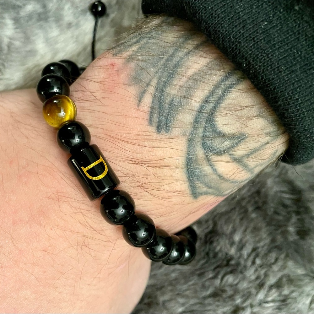 Initial “D” Black Bead Bracelet with Tiger Eye Accent -Adjustable
